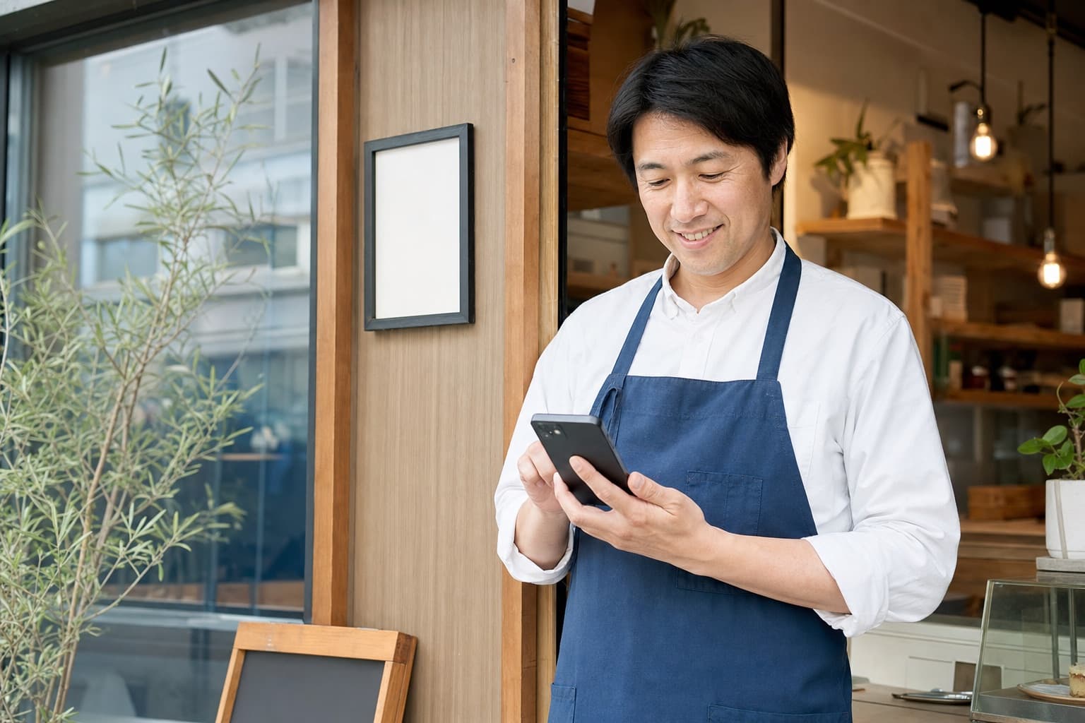 地域の事業者がスマホで情報を確認しているイメージ