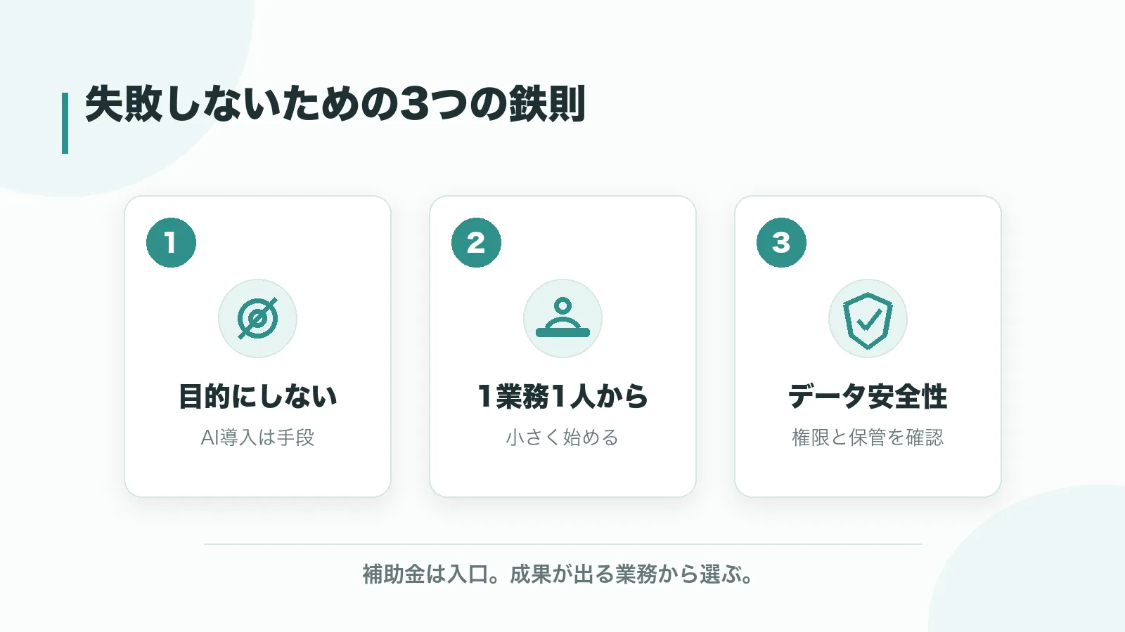 補助金で失敗しないための3つの鉄則（目的にしない・1業務1人から・データ安全性）