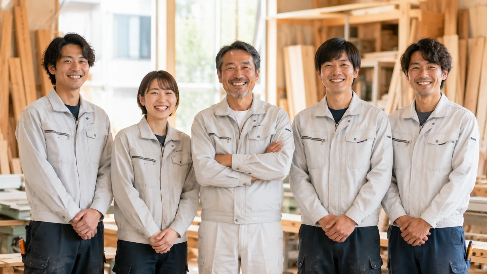 工務店の代表とスタッフが笑顔で並ぶ、信頼感のあるイメージ